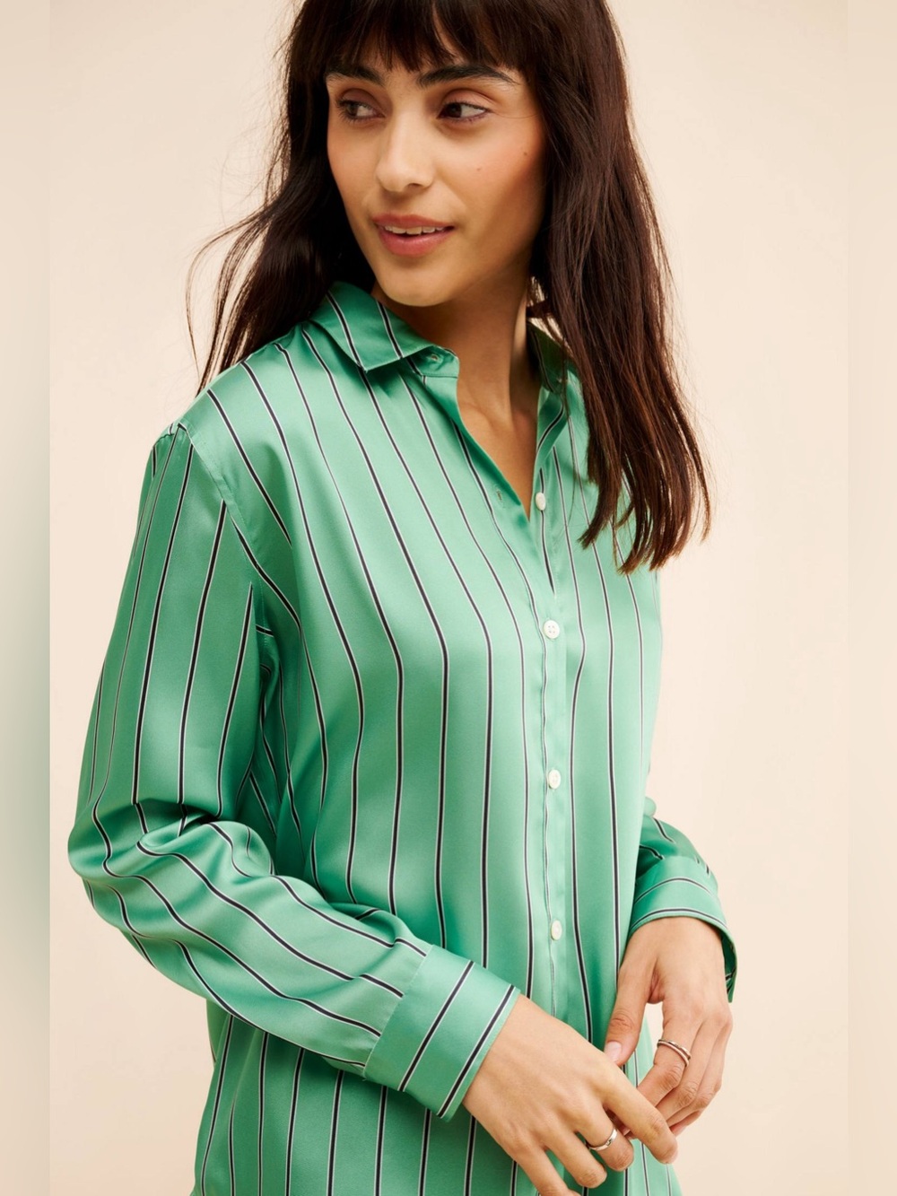 Rails Elias Basil Stripe Satin Button Down Shirt Green M